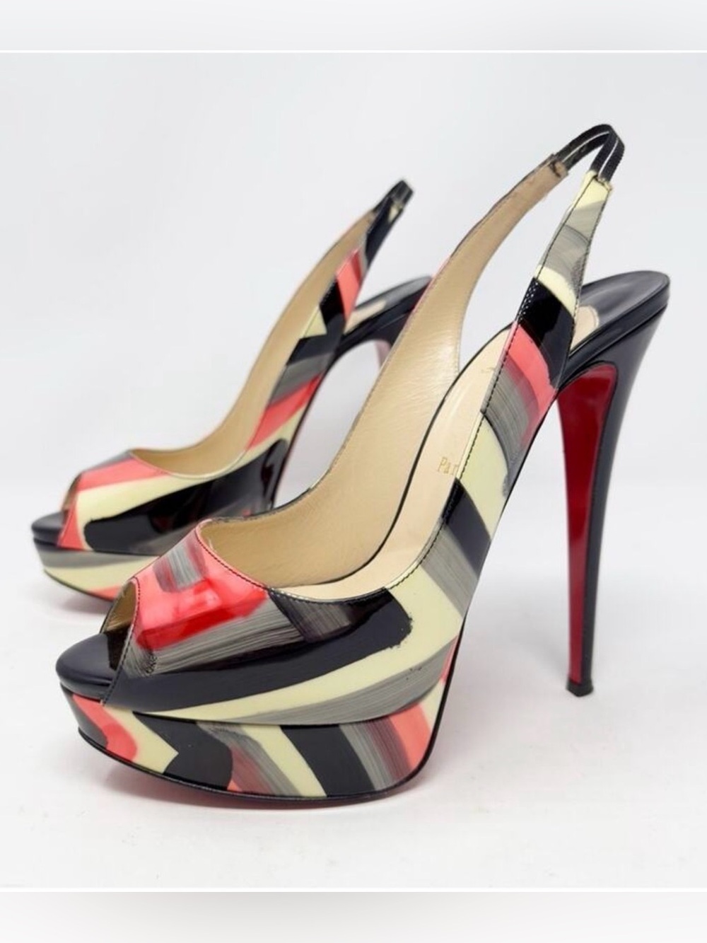 Christian Louboutin Lady Peep Sling Graffiti Platform Heels Womens Size 40